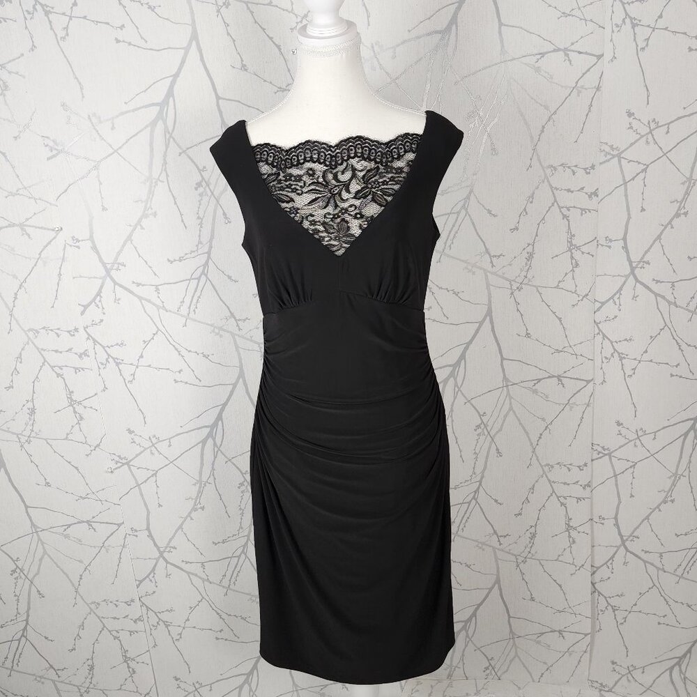 Lauren Ralph Lauren Ruched Babydoll Lace V-Neck Midi Dress